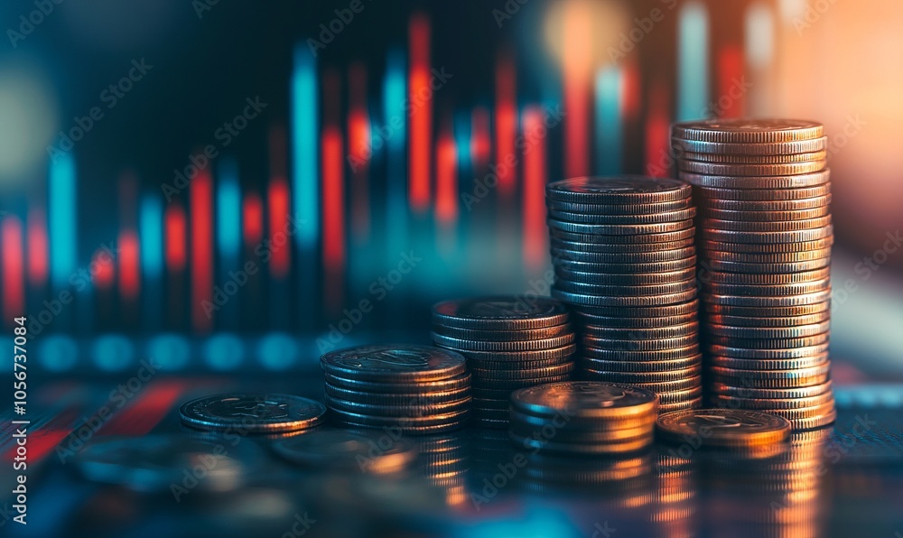 Poster a close-up view of stacked coins with an upward trending graph in the background, symbolizing financ