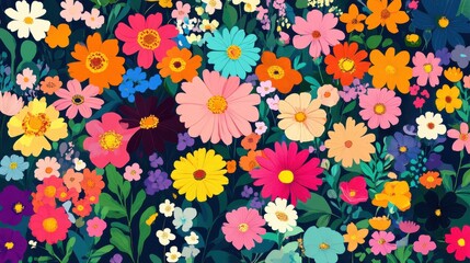 A PNG illustration of a garden bursting with colorful flowers,