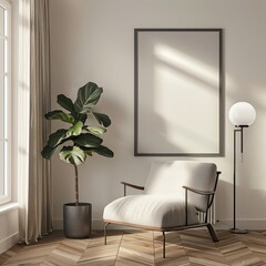 A modern living room interior with a comfortable armchair. a large plant. and a blank canvas framed on the wall Sunlight streams through a window. illuminating the room