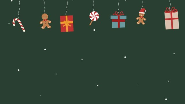 Christmas animated footage landscape with gift, gingerbread, candy, snow green background