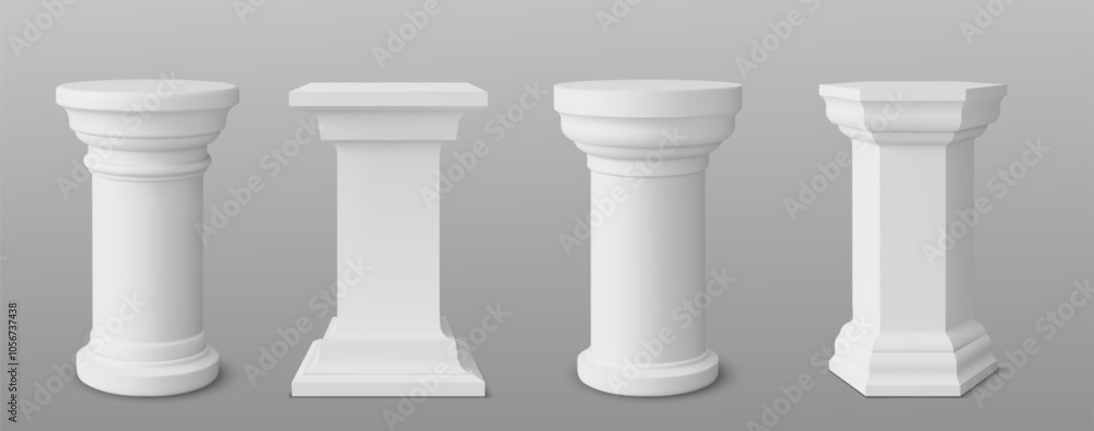 Poster 3d white pillar podium. museum column stand vector for product display. round and square shape empty