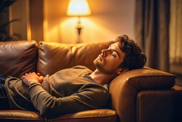Fototapeta premium Young man relaxing on leather sofa at night, lost in thought