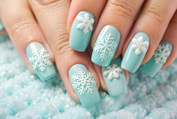 Blue winter nails with snowflake designs on textured background

