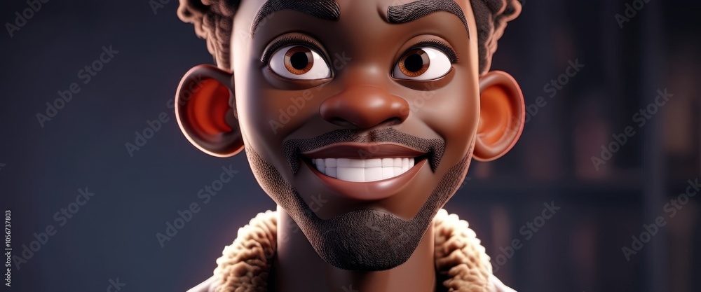 Poster smiling animated character with bright eyes and textured jacket