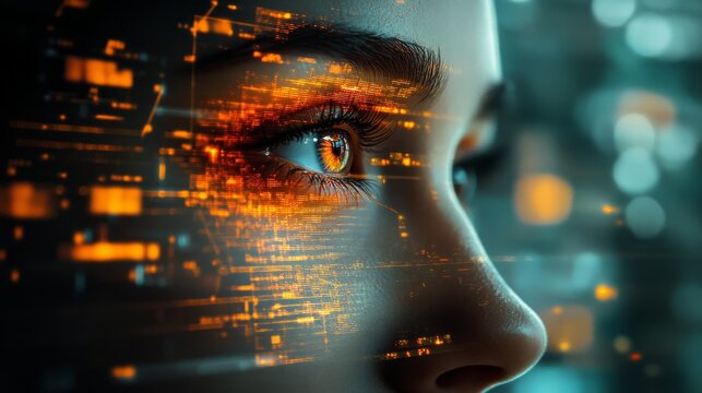 A Close-up of a Woman's Eye Overlaid with Abstract Digital Patterns