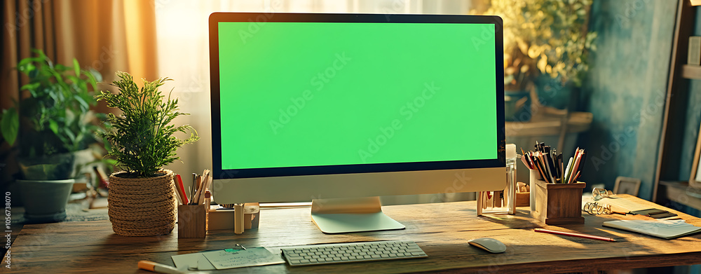 Poster modern desktop setup with blank green screen display