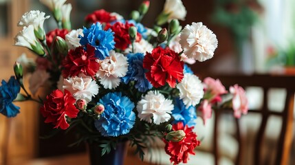 Festive Memorial Day table arrangement with a bouquet of red, white, and blue carnations.