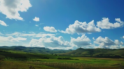 Obraz premium The allure of a landscape filled with the beauty of blue sky, fluffy white clouds, majestic high mountains, and vibrant green plants. Generative AI