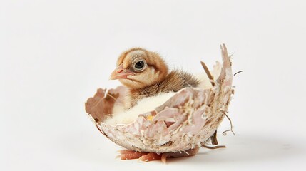 A Hatching Chick on a White Background - a charming and tender visual. The image captures the sweet moment of new life emerging in a bright and clean setting.