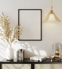 Minimalist living room with a blank picture frame. a vase with dried flowers. books. and a glass cloche