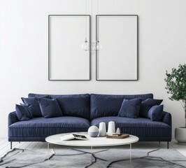 A minimalist living room interior with a blue sofa. white coffee table. two framed pictures. and a potted plant
