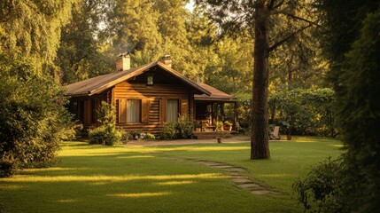 A rustic wooden home surrounded by a verdant forest garden