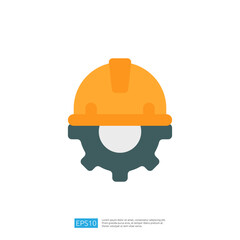 The image features a stylized orange hard hat placed atop a gray gear, symbolizing construction and engineering. It represents safety and industry.