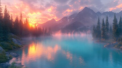 A vibrant sunset over a still lake, surrounded by a misty mountain range with a line of tall, dark trees on the shore.