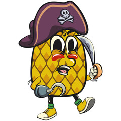 Cute and happy fun pineapple isolated vector cartoon mascot character as pirate with dagger, work of hand drawn