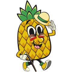 Cute and happy fun pineapple isolated vector cartoon mascot character carrying a stick and saluting with raised hat, work of hand drawn