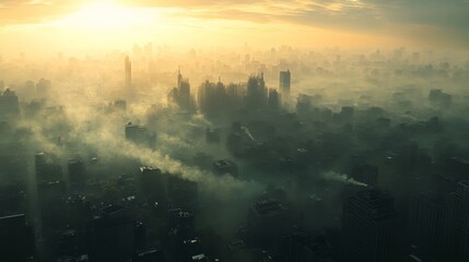 Fototapeta premium A Dense Fog Envelopes a Cityscape at Sunrise