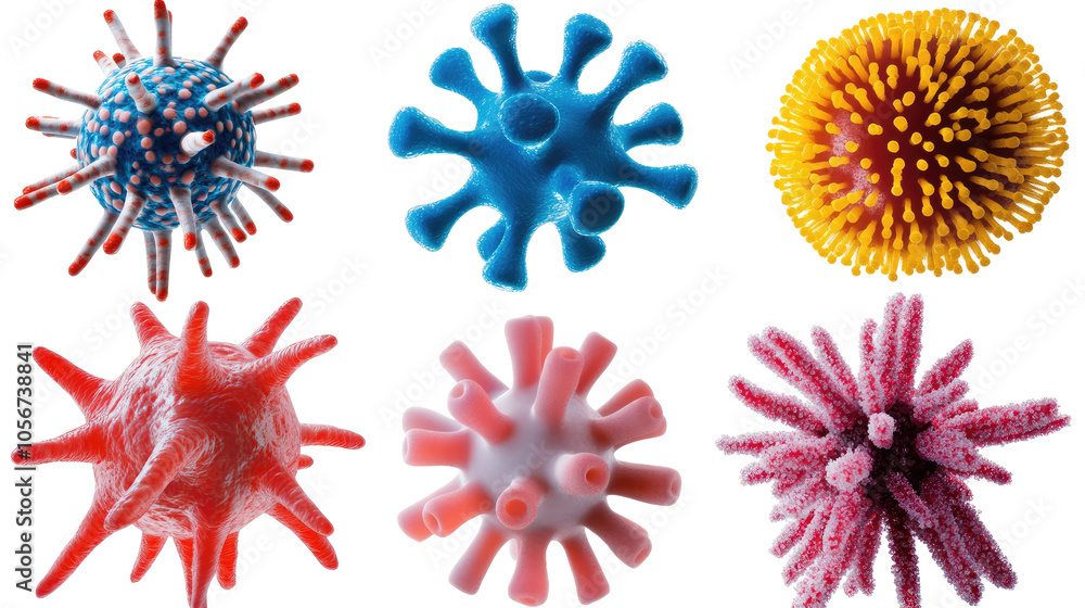 Poster colorful virus cell models displayed on a transparent background generative ai