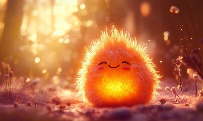 A cute, fluffy character glowing in warm orange light, symbolizing joy and happiness in a whimsical environment