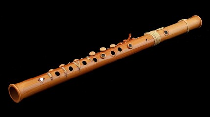 Naklejka premium Beautiful wooden flute, crafted from rich timber, showcasing intricate detailing and a polished finish. Ideal for musicians and collectors, this instrument embodies traditional craftsmanship 