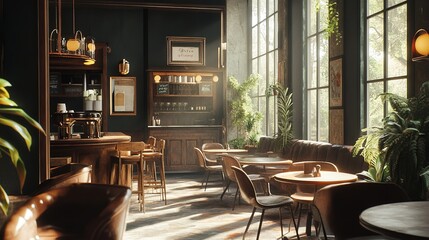 Cozy Cabin Living Room with Red Sofa and Sunbeams