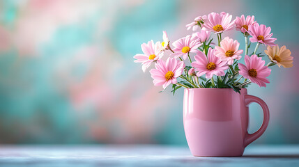 Pastel-Colored Flowers in a Pink Coffee Mug