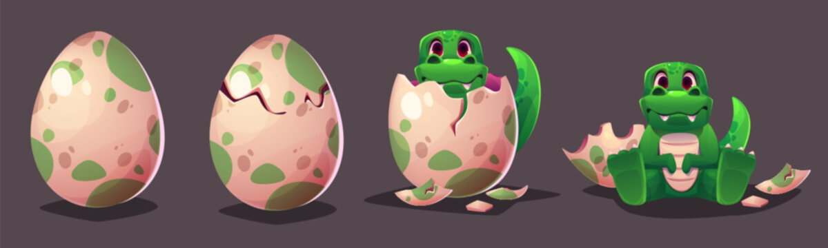 Dinosaur hatch egg. Cute dino crack shell isolated ui illustration. Magic dragon baby born sequence animation. Funny and comic green monster open white cover for life. Paleontology character icon