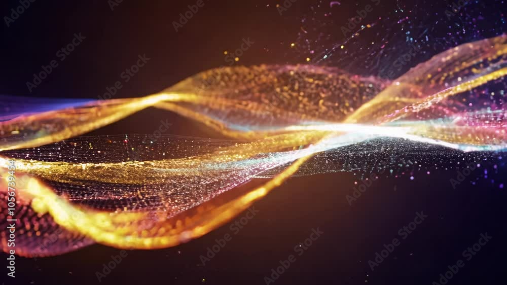 Poster abstract colorful waves of particles flow across a dark background
