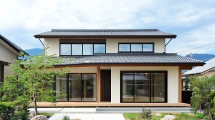 Fototapeta premium Modern Japanese House with Garden and Scenic View