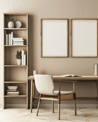 A minimalist home office with a wooden desk. chair. and bookshelf. two framed posters. and a plant