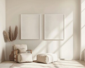 A minimalist living room with two blank frames. a chair. and a footstool The room is bathed in warm sunlight