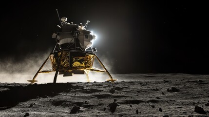 A spacecraft landing on the Moon, with realistic light and dust effects,