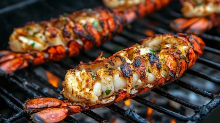 Close-up of Grilled Lobster Tails on a Black Grill