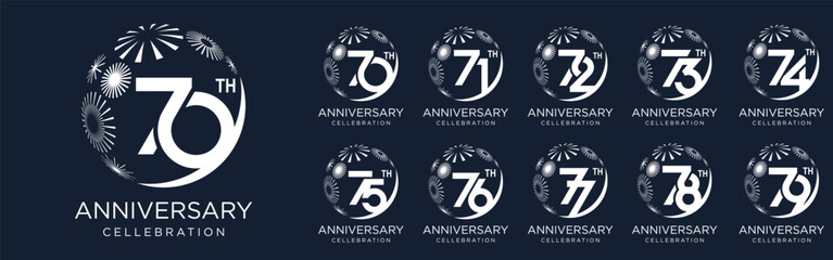 set of 70 to 79th anniversary logotype design, with white color fireworks for celebration event, wedding, and birthday, vector illustration