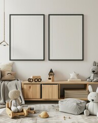 A minimalist nursery with two blank frames on the wall. a wooden toy shelf with toys. and a gray rug