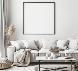 Minimalist living room interior with a white sofa. a coffee table. a framed picture. and decorative elements