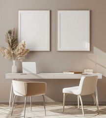 Minimalist home office with two chairs. a desk. laptop. pampas grass in a vase. books. and two empty picture frames