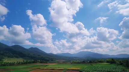 The allure of a landscape filled with the beauty of blue sky, fluffy white clouds, majestic high mountains, and vibrant green plants. Generative AI
