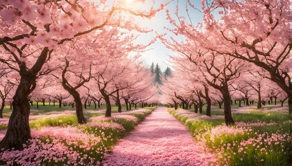 Vibrant spring orchard filled with cherry blossoms and soft pink magnolias with gentle sunlight, AI Generated