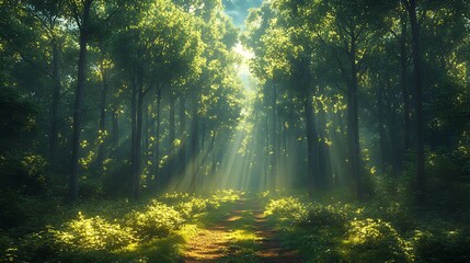Obraz premium Sun rays illuminate a path through a dense forest.