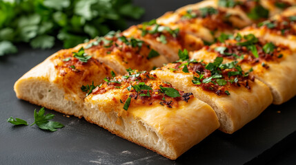 Freshly baked bread topped with herbs and spices, showcasing golden crust and soft interior. Perfect for sharing or as side dish.