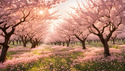 Obraz premium Vibrant spring orchard filled with cherry blossoms and soft pink magnolias with gentle sunlight, AI Generated