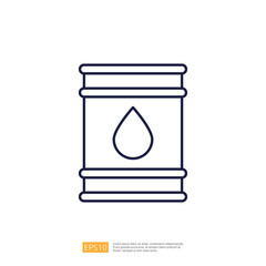 A simple line drawing of an oil barrel featuring a droplet symbol, representing liquid content, typically used in industry or storage contexts.