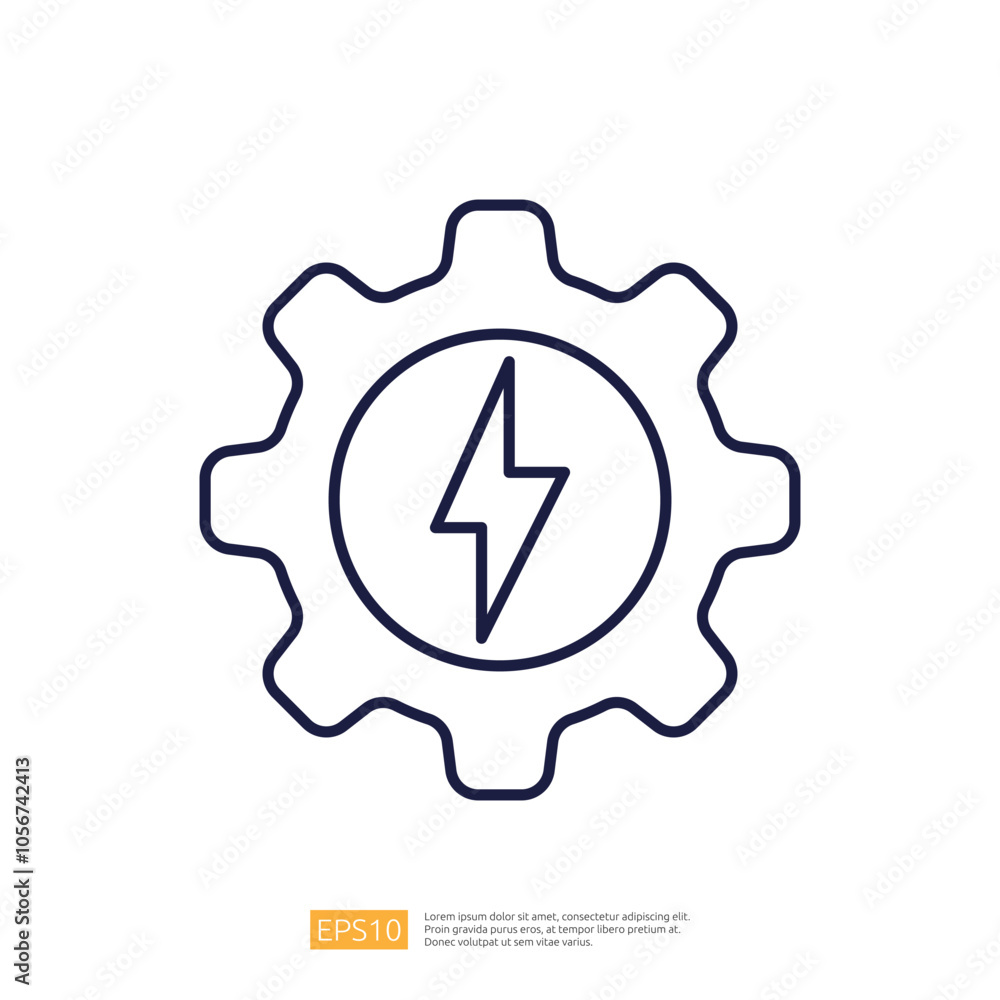 Poster a simple outline of a gear with a lightning bolt inside, symbolizing energy or power within a mechan