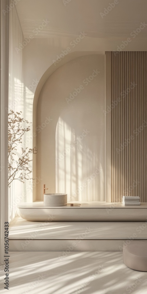 Poster a bathroom with a white sink and a white bench. the bench is in front of a window with a tree outsid