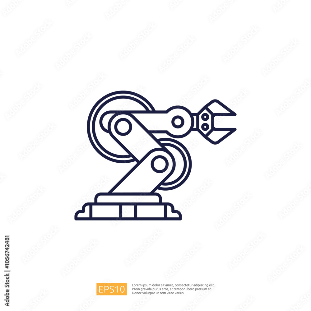Poster a simple line drawing of an industrial robotic arm with a gripper, representing automation and techn