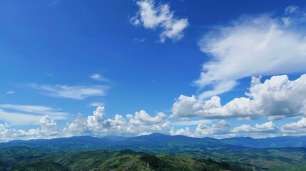 Naklejka premium The allure of a landscape filled with the beauty of blue sky, fluffy white clouds, majestic high mountains, and vibrant green plants. Generative AI
