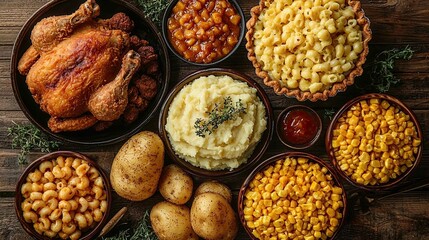 Classic American comfort food spread top view