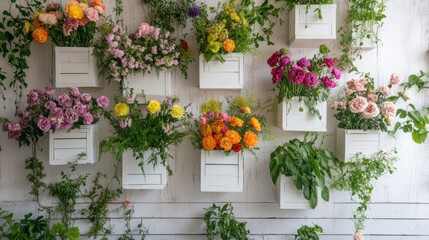 Naklejka premium A wall adorned with white wooden boxes filled with colorful flowers
