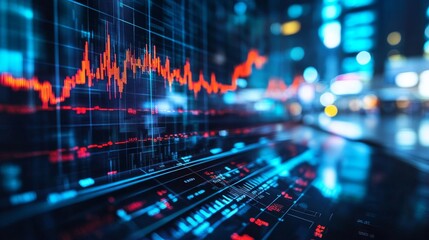 Red Stock Market Graph Displayed on Screen with City Lights in the Background